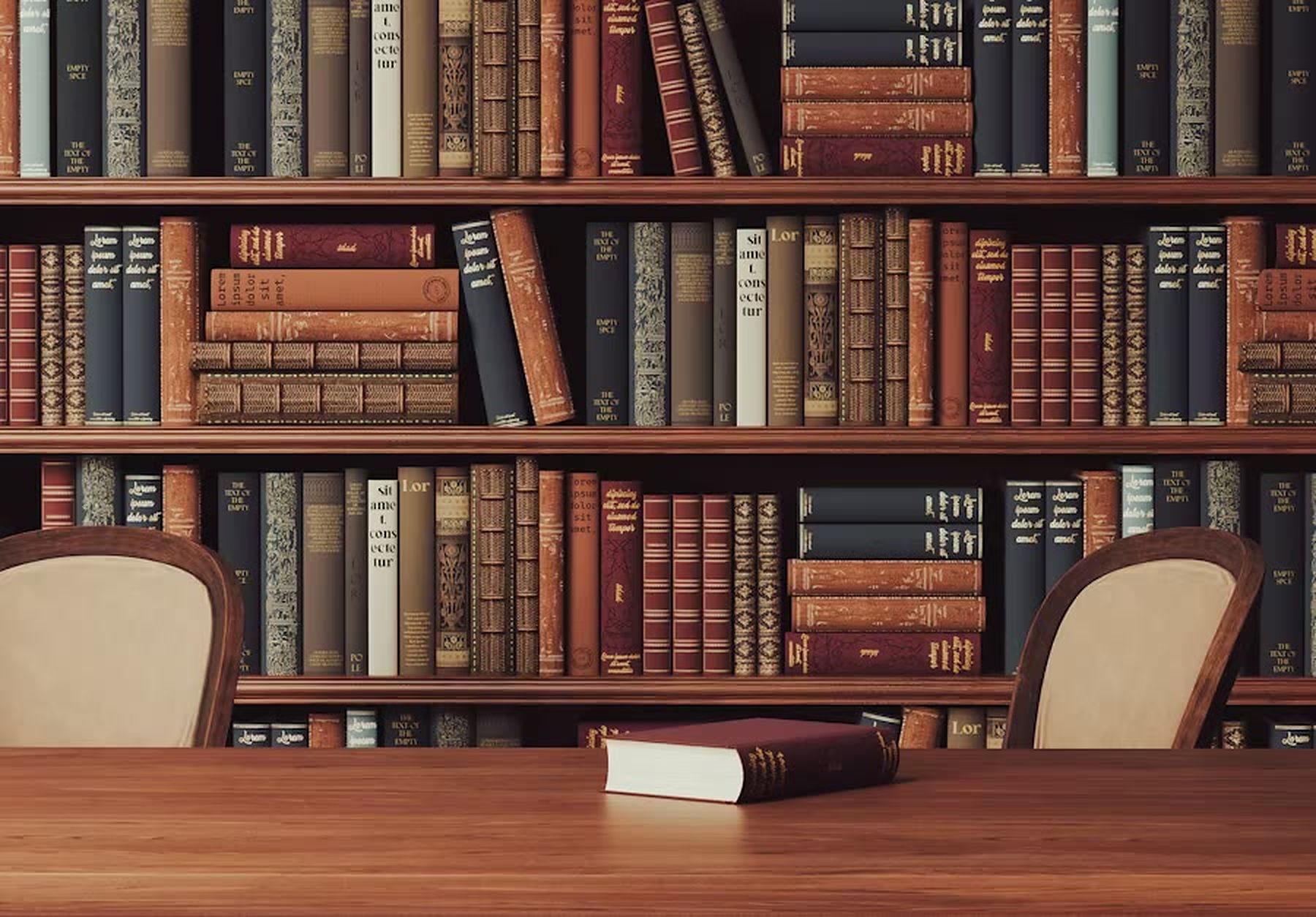 Shelves of law books above a wooden table