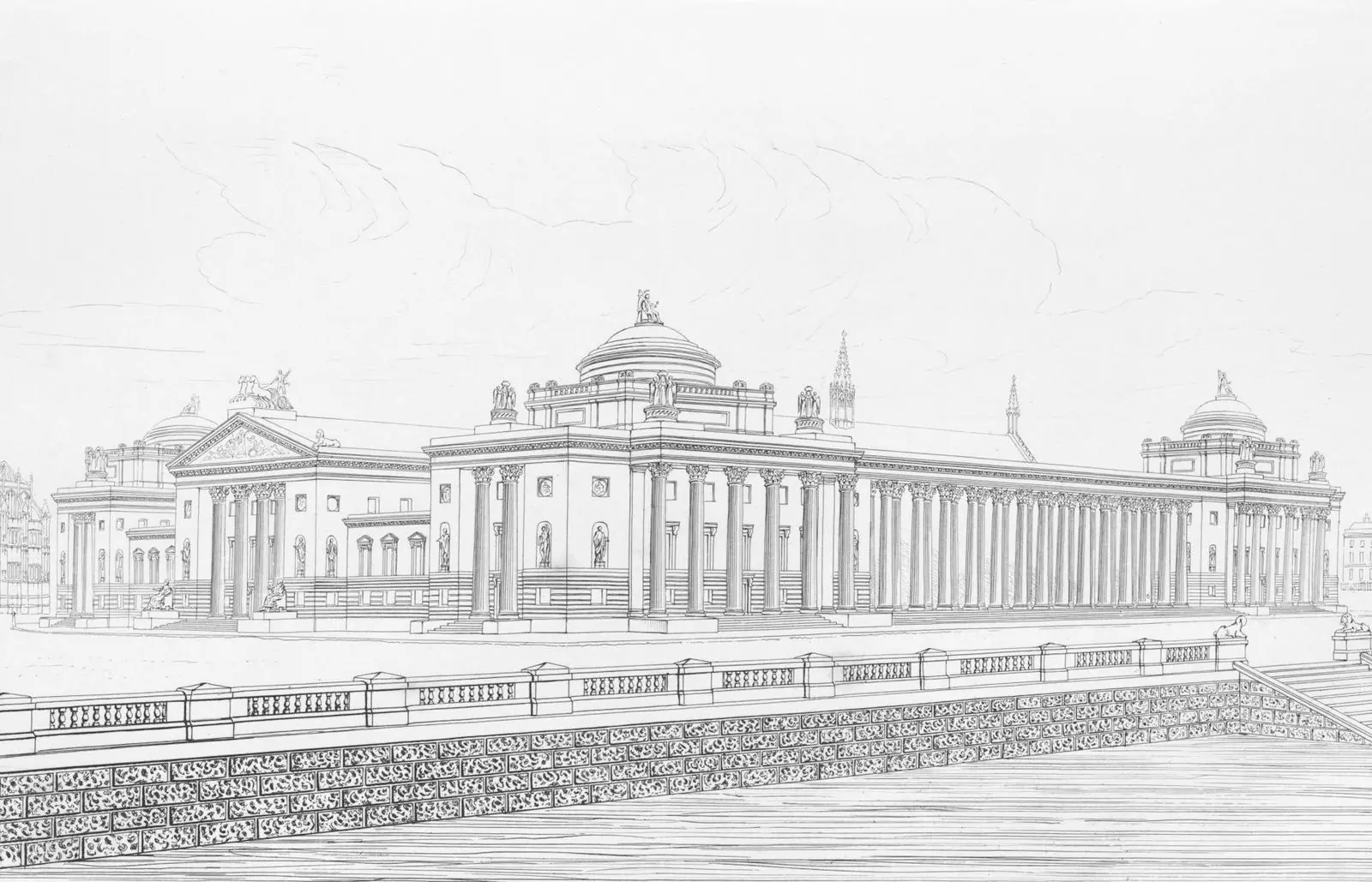 A line drawing of a columned courthouse